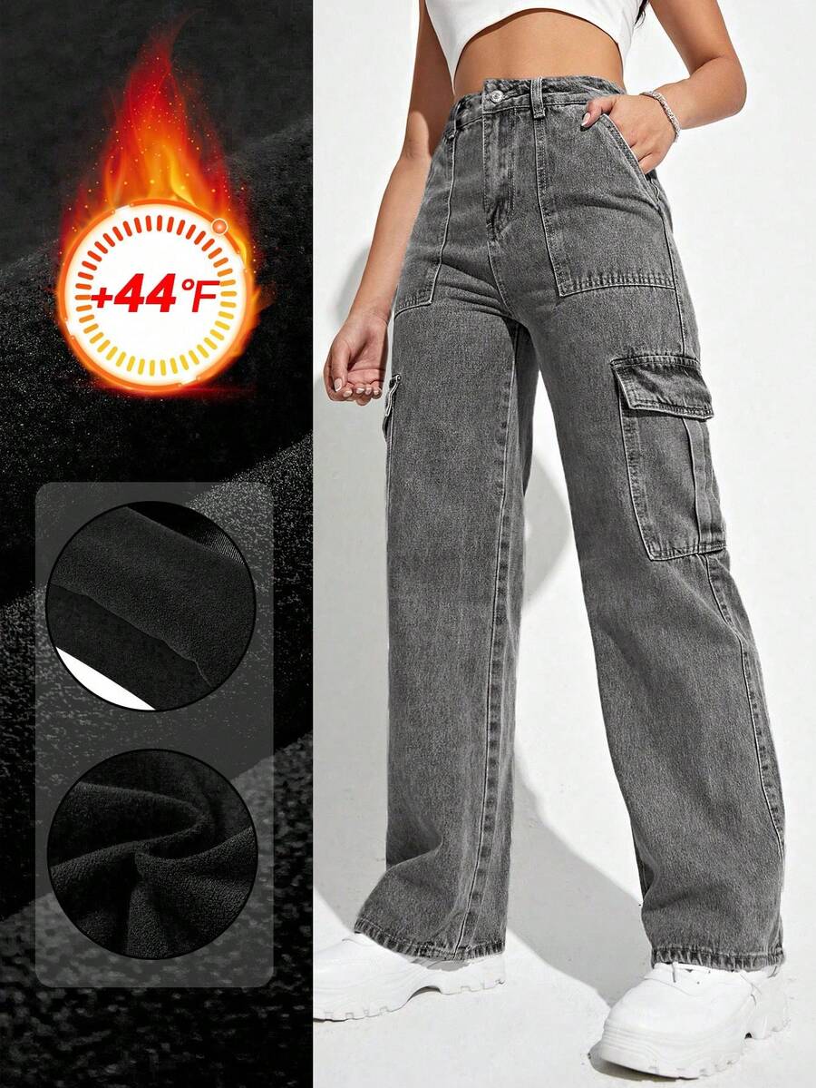 SHEIN ICON Women's Thermal Lined Denim Jeans With Multiple Pockets, Warm For Autumn/Winter - Grey - View 1