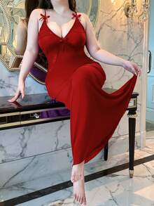 Flirla Robe moulante sexy grande taille avec col en V, patchwork en dentelle, décoration nœud, manches chauve-souris, affinante et mettant la taille en valeur - Rouge - Voir 6