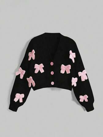 Kawaii Damen 3D Schleifen Detail Strickjacke, Langarm Oberteil