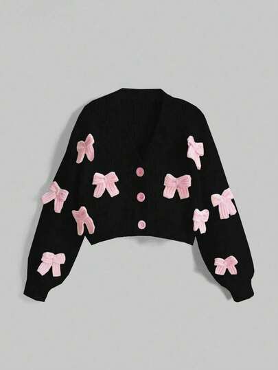 Kawaii Cardigan da donna con dettaglio fiocco 3D, top a maniche lunghe