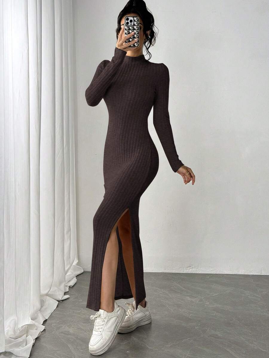 Siren Gaze 女士长款侧开衩高领长袖连衣裙，女士连衣裙罗纹连衣裙长款连衣裙冬季长款毛衣连衣裙长款紧身连衣裙开衩连衣裙 - 咖啡棕 - 查看 1