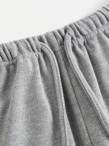 SHEIN Tween 女童宽松休闲简约百搭阔腿罗纹针织抽绳运动裤，纯色 - 灰色 - 查看 3