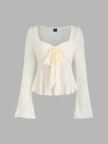 Sweetra Women's Y2K Bowknot Textured Flare Sleeve Top - Apricot - View 1