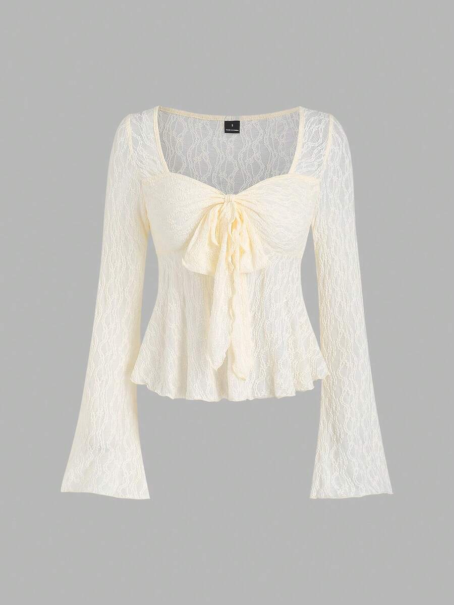 Sweetra Women's Y2K Bowknot Textured Flare Sleeve Top - Apricot - View 1