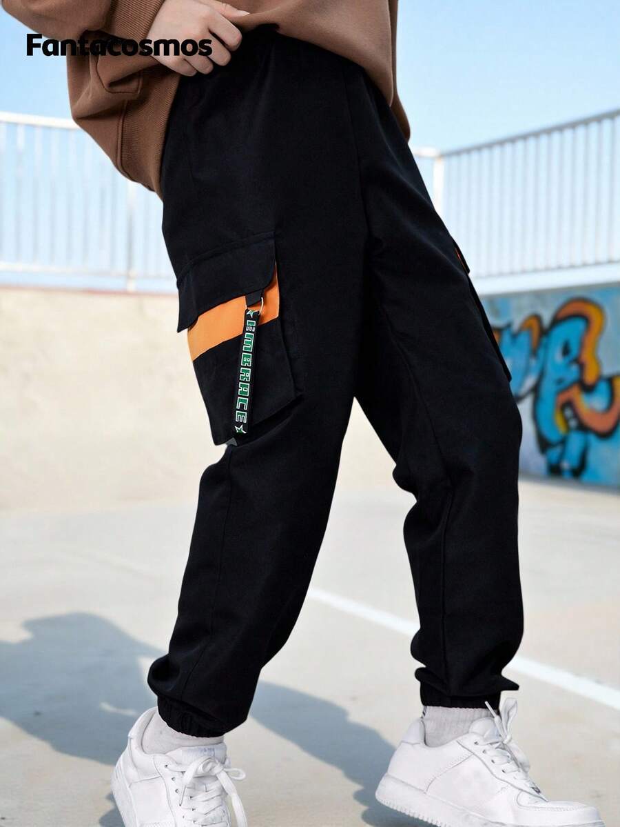 SHEIN Pantaloni cargo casual con vita elastica e vestibilità ampia per ragazzi pre-adolescenti