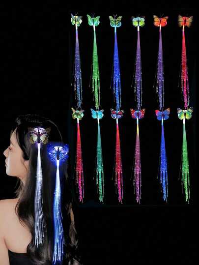 8pcs-Glow In The Dark Hair Extensions Clip, Luminous Colored Led Light Fiber Optic Hair Braid Barrettes, Party Butterfly Hair Clips Synthetic Neon Fake Hair Clips Highlight Hair Accessories For DIY Women, Music Festival Dance Floor Party Dress Up, Bar Concert, Beach Vacation Leisure Cruise Party, Gift To Friends, Nightclub Disco,Back To Classroom Party Favors, Everyday Fashion Accessory