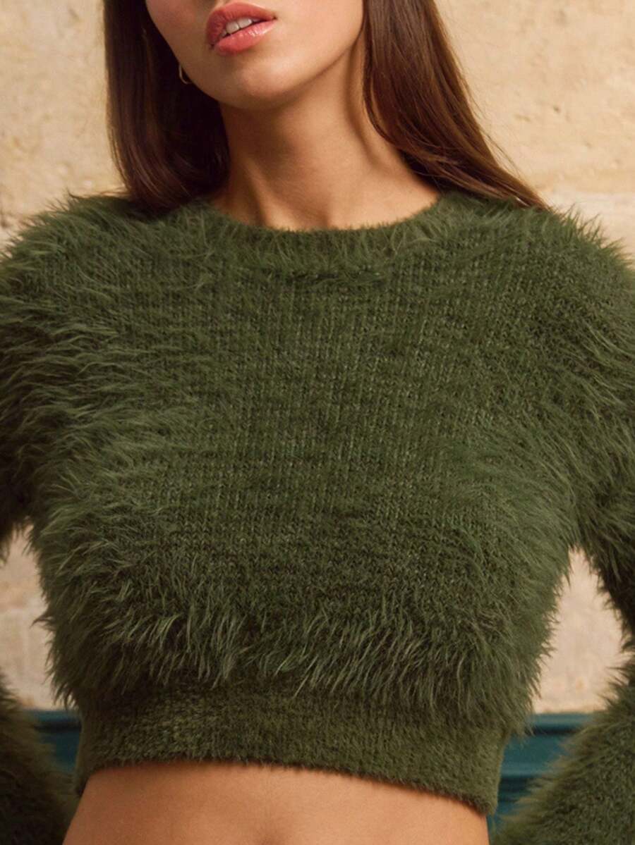 lacRébo Suéter diminuto de punto velloso, parte superior verde musgo - Verde - Ver 1