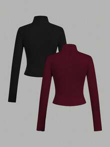 SHEIN EZwear 2 chiếc áo thun dài tay có khóa kéo thêu họa tiết trắng đen dành cho nữ, mùa xuân/thu - Nhiều màu - Xem 2