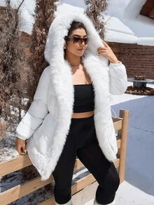 SHEIN EZwear 大码女式厚棉大衣，毛领收腰，长款，优雅大方，秋冬 - 白色 - 查看 7