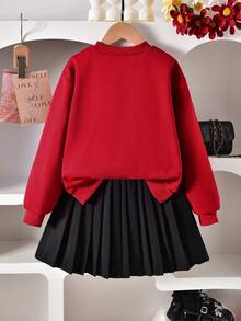 2件套：蝴蝶结点缀卡其色长袖运动衫和黑色百褶迷你裙 - 酒紅色 - 查看 2