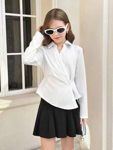 SHEIN 青少年女孩百搭百搭白色刺绣衬衫，可休闲或正式穿着，适合毕业季和日常穿着 - 白色 - 查看 7