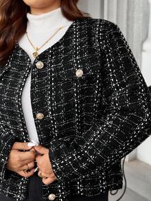 Easura Plus Size Women Plaid Long Sleeve Metal Single-Breasted Round Neck Casual Winter Jacket - Black - View 8