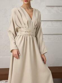 Heiryn 女式纯色简约V领长袖中长连衣裙，日常穿着 - 杏色 - 查看 2