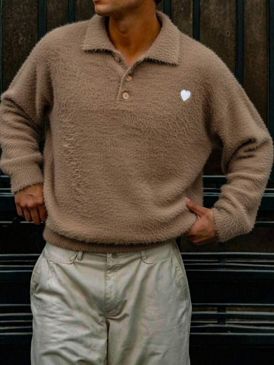 Manfinity CasualKnits Men's Heart Embroidery Button Casual Long Sleeve Pullover Sweater   Autumn/Winter - Khaki - View 1