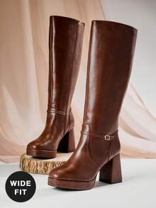 SHUZIA 女式宽筒时尚舒适粗跟及膝靴，带金属扣装饰 - 棕色 - 查看 7