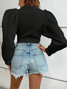 SHEIN LUNE 泡泡袖结饰侧裹式女式衬衫 - 黑色 - 查看 2