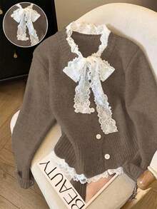 Franclia Elegante cárdigan de punto holgado con cordones, inspirado en el estilo de blogger, elegante estilo europeo - Marrón Mocha - Ver 3