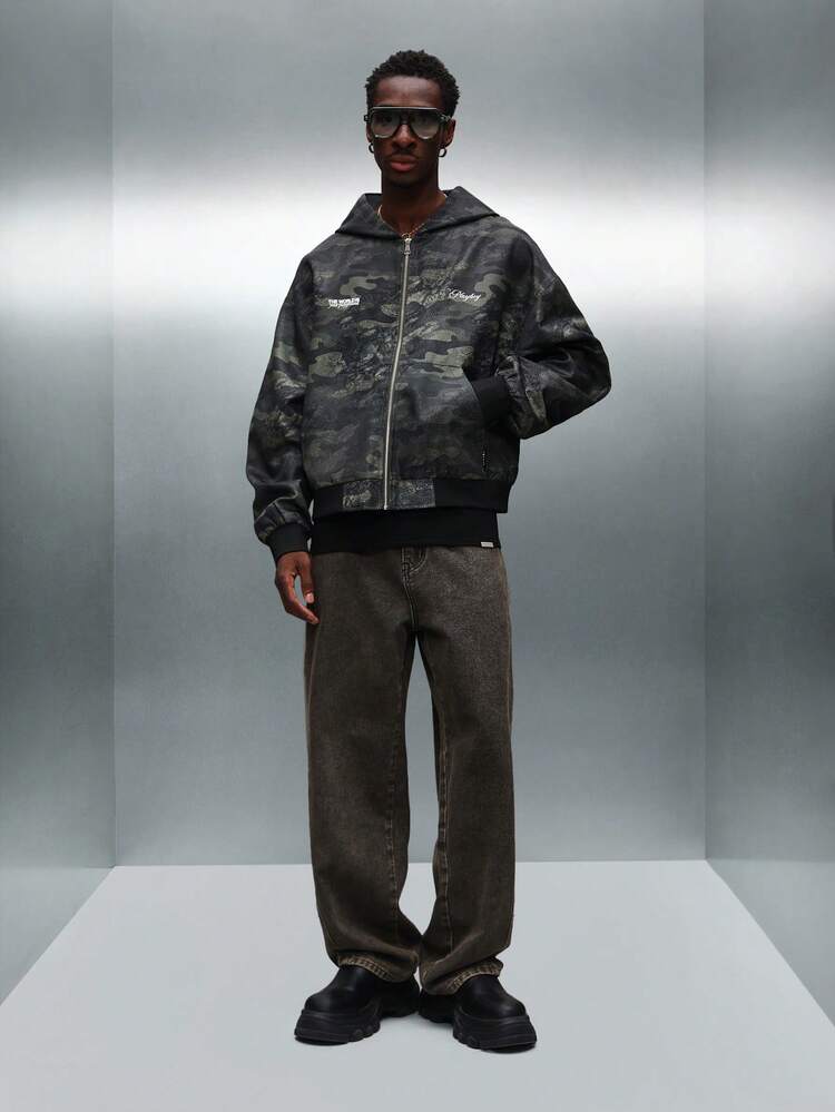 PLAYBOY X SUMWON Veste à capuche courte camouflage avec fermeture éclair et grand logo imprimé pour le streetwear casual d'hiver