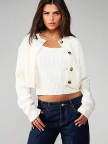 MISSGUIDED Cable Knit Cropped Cardigan And Ribbed Tank Vest Set For Women Fall Winter Layering Co-Ord - Apricot - View 3