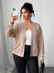 SHEIN Tall CURVE Plus Size Women Casual Stand Collar Zip-Up Jacket - Khaki - View 5
