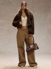 SHEIN Glamour 女款秋冬长袖卡其色石花狐狸领夹克 - 棕色 - 查看 6