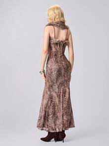 ROMWE Grunge Punk Y2K Sexy Leopard Print Mesh Mermaid Maxi Dress (Includes Furry Shrug)