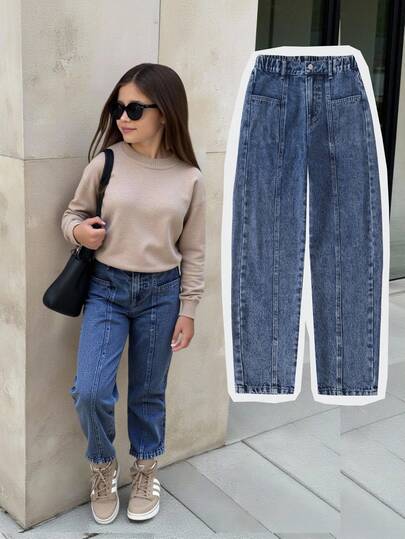 Elladie kids Jeans de estilo Y2K para niñas preadolescentes, denim azul medio vintage, ajuste entallado y cómoda tela suave, versátil para uso diario, de moda