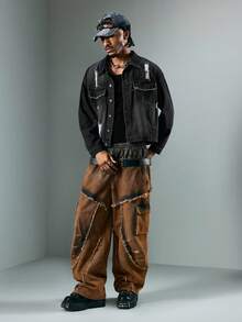 ROMWE MEN Street Life Chaqueta de mezclilla de estilo callejero con hombros caídos, manga larga y corte holgado para hombres