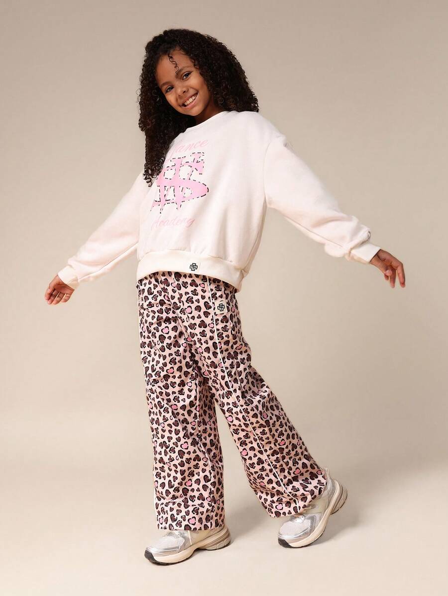 SUMWON Tween Girls Co-Ord Set Oversized Sweatshirt With Wide Leg Leopard Print Pants Casual Outfit Vacation - White - View 1
