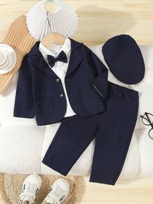 3件套幼儿男童休闲正装绅士西装套装，包含一件宽松纯色长袖夹克，配有口袋和撞色纽扣，一条松紧腰裤和一顶帽子。适合生日派对、婚礼、返校、1岁生日、洗礼、演出、节日等场合。面料柔软舒适，儿童婚礼派对西装套装，适合返校季穿着。 - 藏蓝色 - 查看 3