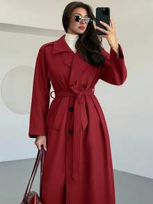 Aloruh Women's Solid Color Raglan Sleeve Belted Casual Jacket, Autumn/Winter - Red - View 8