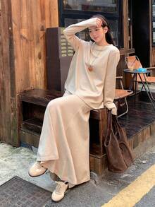 DAZY Women's Crew Neck Lace Patchwork Sweater Long Sleeve & Skirt 2 Pieces Set - Khaki - View 6