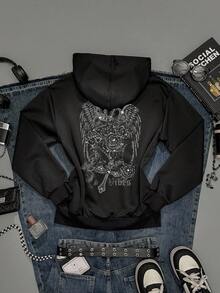 Attitoon Lässiger, vintage, punk, street Y2K Skelett Flügel Kreuz Rose Blume Englisch Buchstaben Strass Krone Muster Loose Reißverschluss Hoodie Sweatshirt für Frauen, bequem für Herbst/Winter