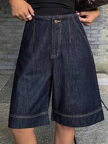 DAZY 女士常规中腰宽松都市休闲牛仔短裤 Y2k - 深色水洗藍 - 查看 1