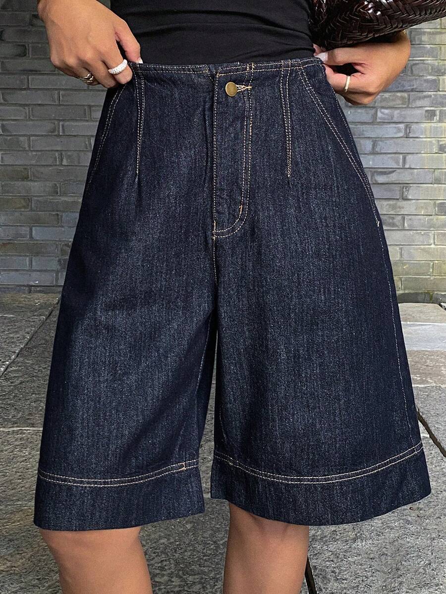 DAZY 女士常规中腰宽松都市休闲牛仔短裤 Y2k - 深色水洗藍 - 查看 1