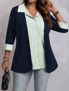 EMERY ROSE Chaqueta casual de talla grande para mujer con parches y rayas, de manga 3/4 y abotonadura sencilla - Verde - Ver 5