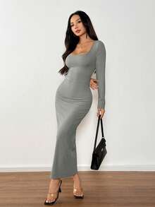 SHEIN PETITE Vestido negro de manga larga, cuello cuadrado y ajustado, para usar en otoño - Gris - Ver 4