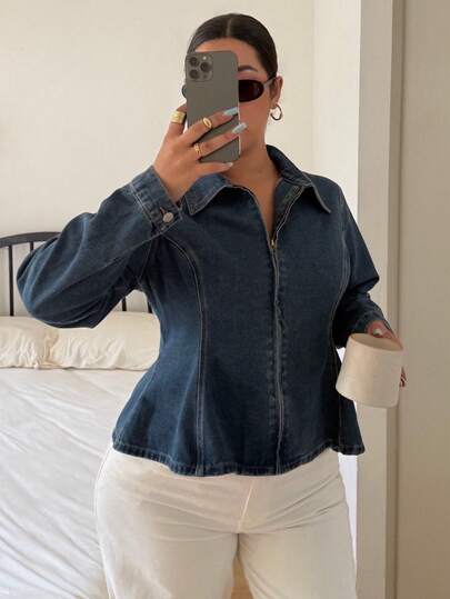 Dripcurv 大码女式冬季深蓝色长袖拉链休闲牛仔外套，新年、圣诞节、感恩节穿搭