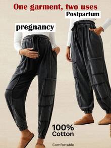 Boho Mama Maternity Solid Color High Waist Drawstring Casual Jogger Pants Comfy Joggers For Women Parachute Baggy Loose Black - Dark Grey - View 1