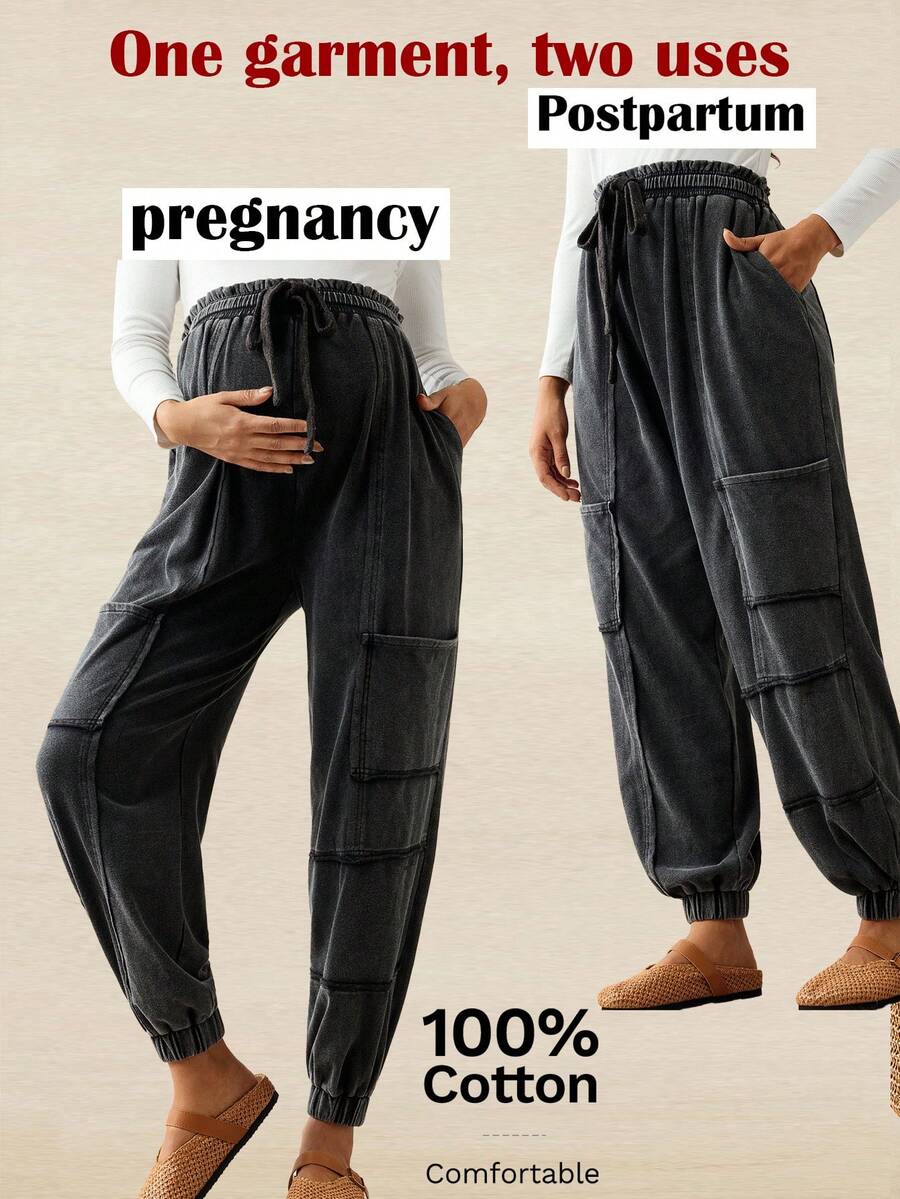 Boho Mama Maternity Solid Color High Waist Drawstring Casual Jogger Pants Comfy Joggers For Women Parachute Baggy Loose Black - Dark Grey - View 1