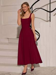 EURMUSE Đầm dài dự tiệc màu trơn thanh lịch cho nữ - Màu Đỏ Sâu - Xem 5