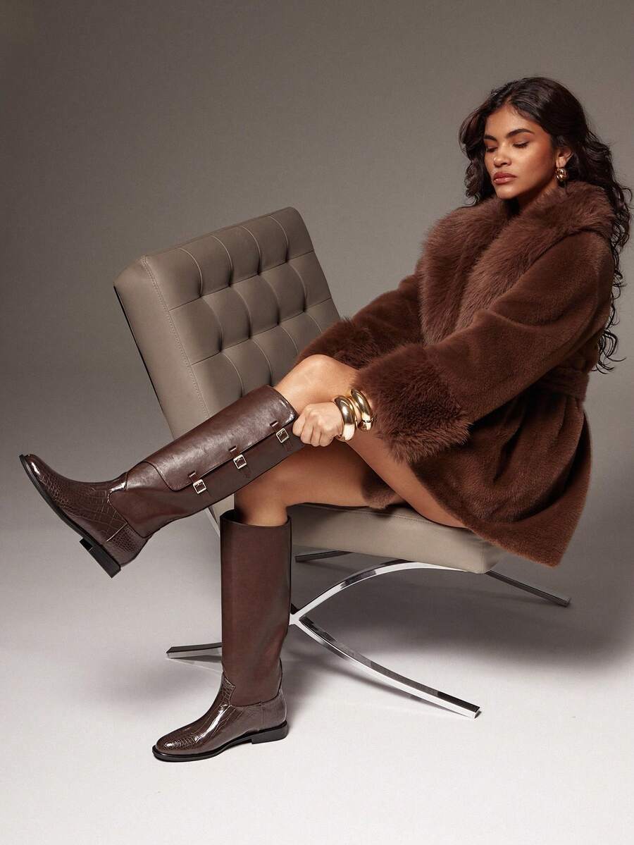 SHUZIA 女式日常休闲简约风格带扣腰带装饰及膝高筒靴 - 棕色 - 查看 1