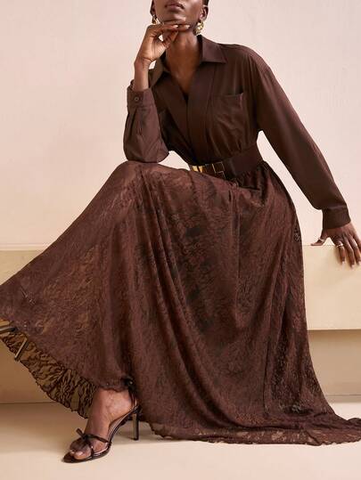 Zivah 20  Autumn/Winter New Music Festival, Easter, St. Patrick's Day, Western, Nomadic, Birthday Party, Graduation, College Style, Student, Daily Wear, Basic Versatile, Casual, Vacation, Cruise Travel, Beach, Sunbathing, Viral , Streetwear, Wedding Guest Boho, Commute, Brunch, Airport, Party, Holiday Outing, Elegant Banquet Maxi Dress With Lace Patchwork, V-Neck, Belted, A-Line Chocolate Brown Dress