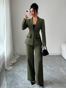 Elenzga 女士优雅通勤军绿色翻领仿口袋设计黑色纽扣装饰长袖修身西装外套 + 女士优雅通勤军绿色修身直筒裤 - 軍綠色 - 查看 6