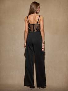 SHEIN BAE Damen Jumpsuit mit ärmellosem, transparentem, besticktem und perlenbesetztem weitem Bein, schwarz, geeignet für Cocktailpartys, romantische Dates, Herbst-/Winterunterziehsachen, Zusammenkünfte, Partys, formelle Anlässe, Halloween, Weihnachten - Schwarz - Übersicht 2
