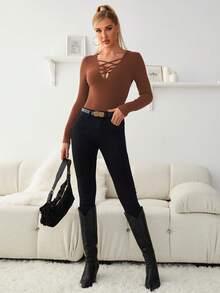Islaluna Women's Casual Solid Color Ribbed Long Sleeve T-Shirt - Brown - View 5