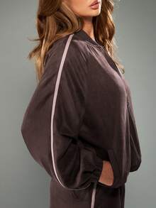 MISSGUIDED 绒面革飞行员夹克长袖全拉链前口袋秋冬外套 - 棕色 - 查看 5