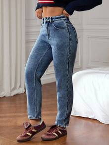 SHEIN ICON Jeans casuales con botones delanteros y bolsillos, para uso diario/regular de mujer - Azul lavado oscuro - Ver 5