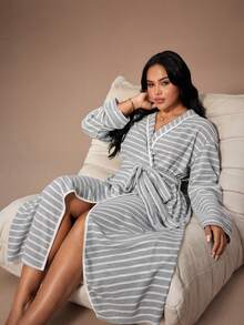Lazeform Plus Size Casual Striped Long Sleeve Women Robe, For Fall & Winter