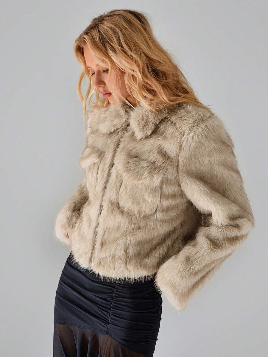 TRNVIE 1pc Women's Jacket, Apricot Color Contrast Faux Fur Zipper Pockets Waist Cinched Casual Outdoor Winter Coat - Apricot - View 1
